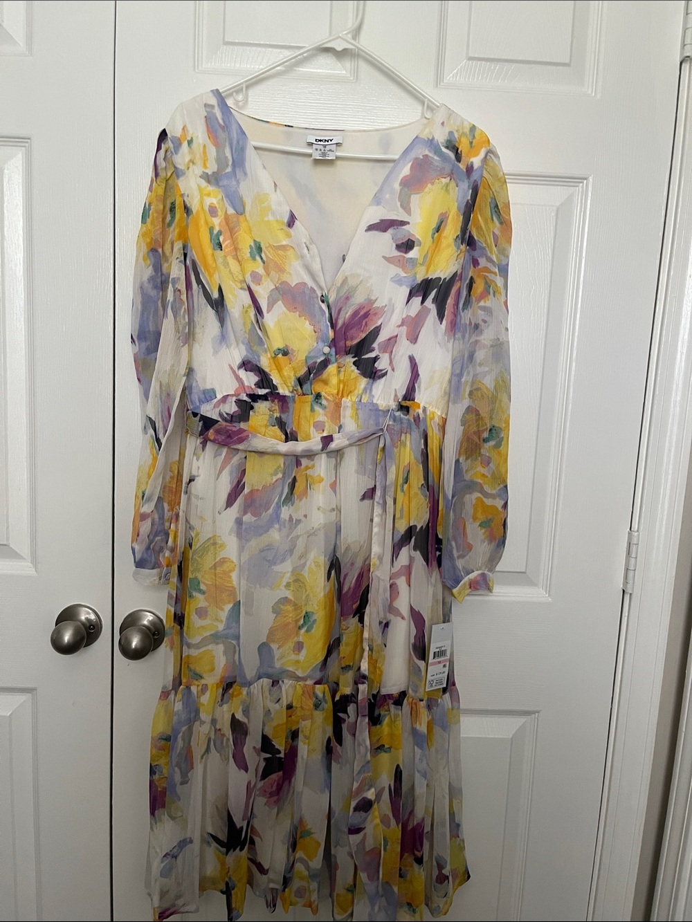 DKNY White Floral V-Neck Long Sleeve Midi Dress with Yellow & Purple Accents